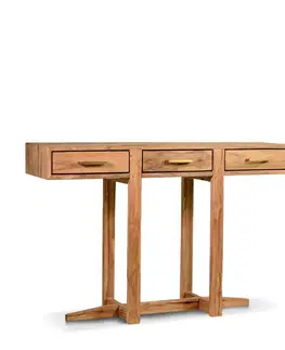Designové a luxusní konzolové stolky Estila Moderní masivní konzolový stolek Vergil z tekového dřeva se třemi zásuvkami v přírodní hnědé barvě 130 cm