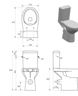 Záchody SAPHO HANDICAP WC kombi zvýšený sedák, Rimless, zadní odpad, bílá K11-0221