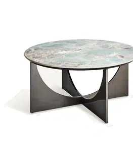 Designové a luxusní konferenční stolky Estila Luxusní kulatý konferenční stolek Costa Brava s mramorovou deskou a designovými překříženými nožičkami modrá černá 90 cm