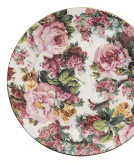 Talíře Porcelánový dezertní talířek s květy a zlatou linkou Pink Flowers - Ø 21*2 cm Clayre & Eef PFDP