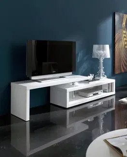 Luxusní a designové televizní stolky Estila Jedinečný obdélníkový TV stolek Henning v lesklé bílé barvě s nastavitelnou vrchní deskou 200cm
