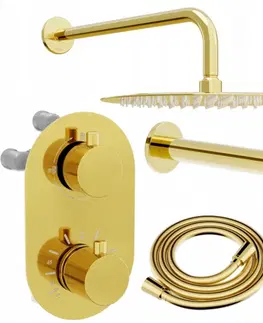 Sprchy a sprchové panely MEXEN/S Kai DR70 podomítkový vanový SET s výtokovou hubicí + slim sprcha 25 cm, zlatý 77602DR70251-50