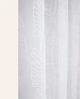 Záclony Bílá záclona Flory se vzorem listů a stříbrnými průchodkami 140 x 240 cm
