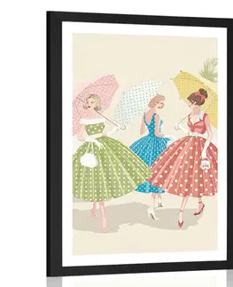 Vintage a retro Plakát s paspartou retro dámy s deštníky
