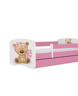 Dětské postýlky Kocot kids Postel Babydreams méďa s kytičkami růžová, varianta 80x160, se šuplíky, s matrací