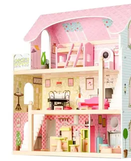 Hračky Dřevěný domeček v růžové barvě s panenkami