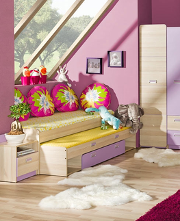 Postele LOLLAND postel s úložným prostorem, jasan/fialová, 5 let záruka