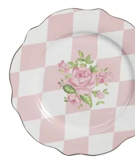 Talíře Bílo-růžový dezertní talíř s růžičkami Sweet Roses - Ø 20*2 cm Clayre & Eef SWRDP