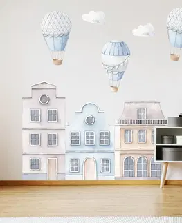 Samolepky na zeď Samolepky do dětského pokoje - Modré domky s horkovzdušnými balóny