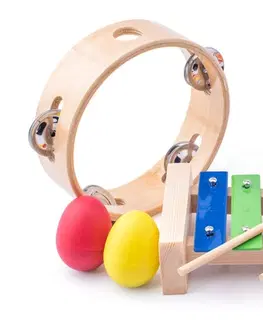 Hračky WOODY - Muzikální set ( xylofon, tamburína, dřívka, 2 maracas vajíčka )