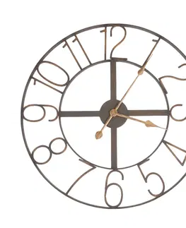 Hodiny Hnědé kovové hodiny Mentic se zlatými čísly - Ø 60 * 5 cm Clayre & Eef 5KL0014