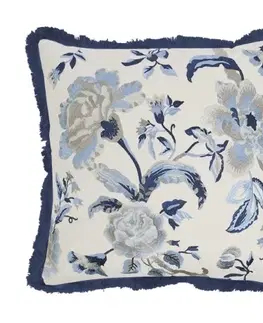 Dekorační polštáře Bílo - modrý polštář s vyšívanými květy a třásněmi Bloom - 50*50 cm Light & Living P840132