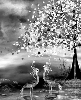 Černobílé obrazy Obraz volavky pod magickým stromem v černobílém provedení