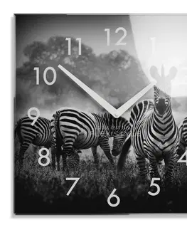 Nástěnné hodiny Dekorační černobílé skleněné hodiny 30 cm s motivem zebry
