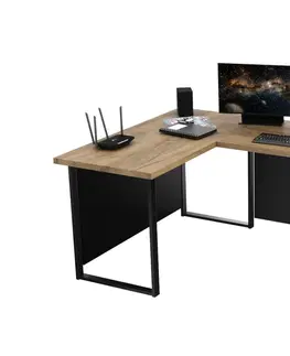 Herní stoly Expedo Počítačový rohový stůl NAVI + zadní deska, 200/135x76x65, dub craft