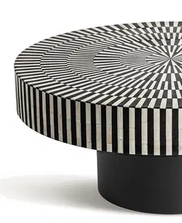 Designové a luxusní konferenční stolky Estila Luxusný art deco čierno biely okrúhly konferenčný stolík Caderina s ozdobnou intarziou s motívom lúčov 80 cm