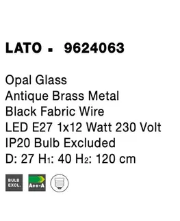 Designová závěsná svítidla NOVA LUCE závěsné svítidlo LATO opálové sklo antický mosazný kov černý kabel E27 1x12W 230V IP20 bez žárovky 9624063