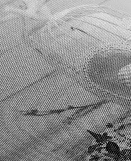 Černobílé obrazy Obraz vintage srdíčko a lucerničky v černobílém provedení