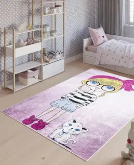 Dětské koberce Dětský koberec do dívčího pokoje se slečnou a kočičkou Šířka: 80 cm | Délka: 150 cm