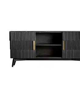Luxusní a designové televizní stolky Estila Art-deco mramorový TV stolek Plissé Nero z masivního dřeva v černém provedení s dvířky se zlatými kovovými rukojeťmi 175cm