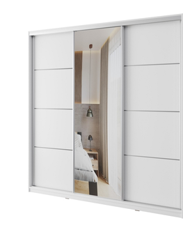 Šatní skříně Šatní skříň NEJBY BARNABA 200 cm s posuvnými dveřmi, zrcadlem, 4 šuplíky a 2 šatními tyčemi, bílá