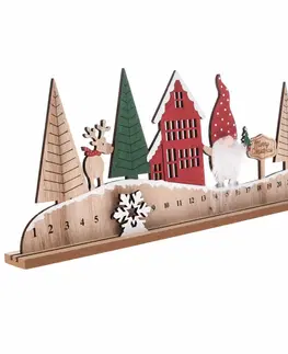 Vánoční dekorace Adventní dřevěný kalendář se skřítkem červená, 45 x 17 x 4 cm