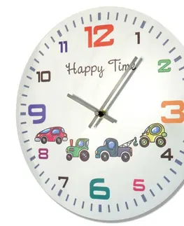 Dětské nástěnné hodiny Bílé hodiny na stěnu do dětského pokoje s barevným ciferníkem a autíčky
