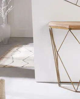 Designové a luxusní konzolové stolky Estila Designový art deco konzolový stolek Xoia se zlatou podstavou s diamantovým vzorem a hnědou dřevěnou deskou 75 cm