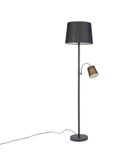 Stojaci lampy Klasická stojací lampa černá s černým odstínem a světlem na čtení - Retro