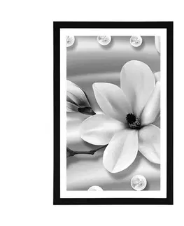 Černobílé Plakát s paspartou luxusní magnolie s perlami v černobílém provedení
