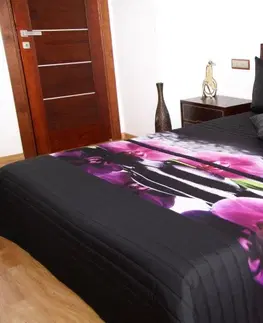 Přehozy na postel 3D s barevným potiskem 3D přehoz černé barvy se svíčkami a růžovými orchidejemi