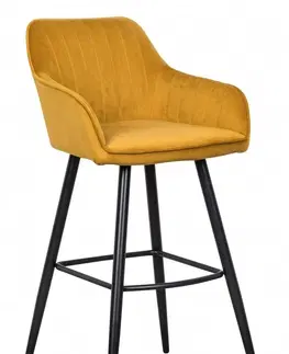 Luxusní barový nábytek Estila Moderní barová židle Vittel ze sametu ve žluté barvě s černými kovovými nohami 102cm