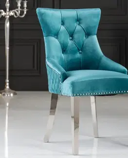Luxusní jídelní židle Estila Zámecká chesterfield židle Eleanor v tyrkysové barvě ze sametu 97cm