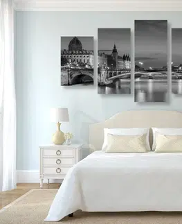 Černobílé obrazy 5-dílný obraz oslňující panorama Paříže v černobílém provedení