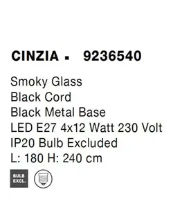 Designová závěsná svítidla NOVA LUCE závěsné svítidlo CINZIA kouřové sklo černý kabel černá kovová základna E27 4x12W 230V IP20 bez žárovky 9236540