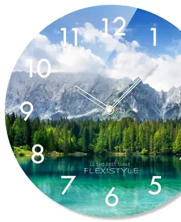 Nástěnné hodiny Kulaté skleněné hodiny 30 cm s motivem horského jezera