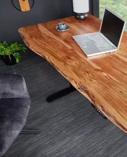 Stylové a luxusní pracovní a psací stoly Estila Industriální výškově nastavitelný psací stůl Mammut s vrchní deskou z akáciového dřeva medová hnědá 160 cm