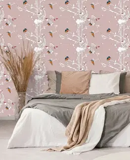 Samolepící tapety Samolepící tapeta ptáčci v hustém lese s růžovým pozadím