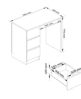 Psací stoly Ak furniture Třízásuvkový počítačový stůl DYENS levý 90 cm tmavě hnědý/bílý dub