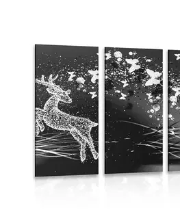 Černobílé obrazy 5-dílný obraz nádherný jelen s motýly v černobílém provedení