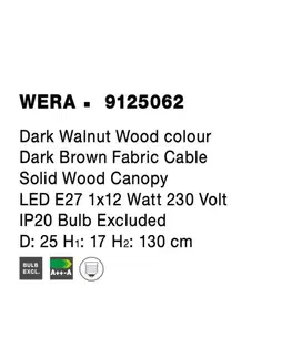 Designová závěsná svítidla NOVA LUCE závěsné svítidlo WERA dřevo barvy tmavý ořech tmavě hnědý textilní kabel dřevěná rozeta E27 1x12W 230V IP20 bez žárovky 9125062