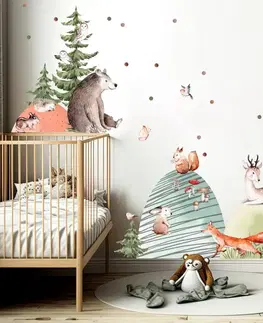 Samolepky na zeď Samolepky do dětského pokoje - Lesní zvířátka a kopce