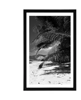 Černobílé Plakát s paspartou krásy pláže Anse Source v černobílém provedení