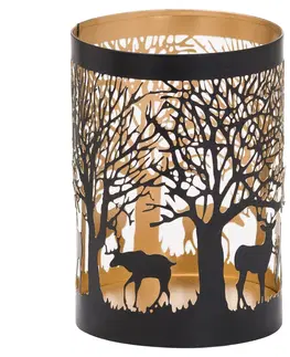 Svíčky, svícny a lucerny Estila Designová dekorativní černo-zlatá lucerna Torbet II s vyřezávaným lesním motivem 13cm