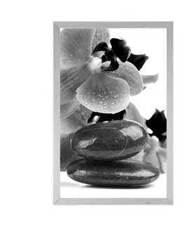 Černobílé Plakát SPA kameny a orchidej v černobílém provedení