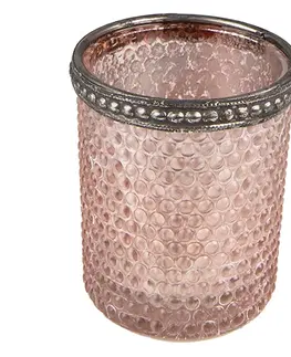 Svícny Růžový skleněný svícen na čajovou svíčku se zdobným okrajem - Ø 6*6 cm Clayre & Eef 6GL3976