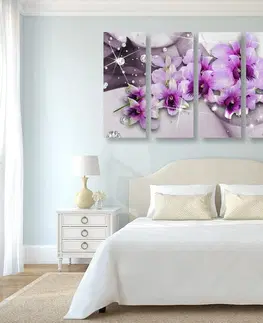 Obrazy květů 5-dílný obraz fialové květy na abstraktním pozadí