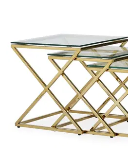 Luxusní a designové příruční stolky Estila Art deco set tří skleněných příručních stolků Brilia s kovovou konstrukcí lesklé zlaté barvy