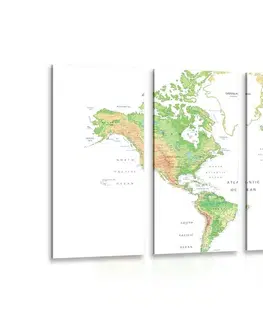 Obrazy mapy 5-dílný obraz klasická mapa světa s bílým pozadím