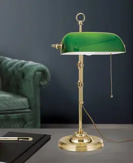 Stolní lampy Orion Stolní lampa Banker, tahový vypínač, mosaz/zelená